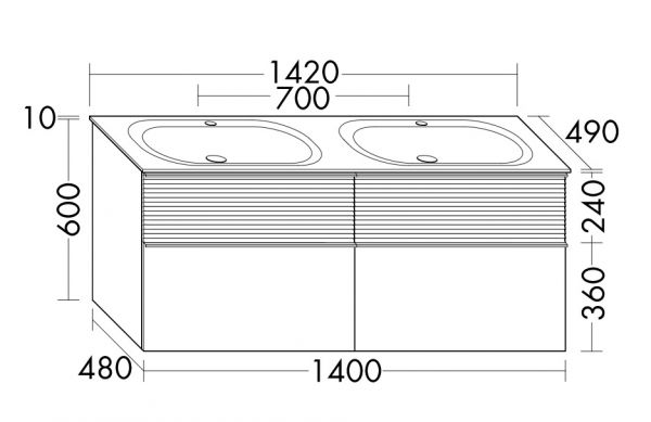 Burgbad Fiumo Doppelwaschtisch 142cm mit Waschtischunterschrank mit Plisséefront, 4 Auszüge