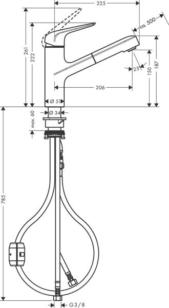 Hansgrohe Focus M42 Küchenarmatur 150, Eco, Ausziehauslauf, 1 Strahlart, chrom 71865000