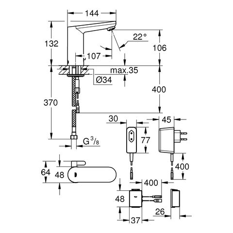 Grohe Eurosmart Cosmopolitan E Bluetooth Infrarot-Elektronik, mit Mischung, Netzbetrieb, chrom