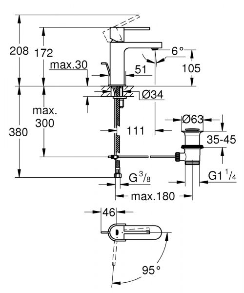 Grohe Plus Einhand-Waschtischbatterie m. Ablaufg., ES-Funktion, Mittelstellung kalt, S-Size, chrom