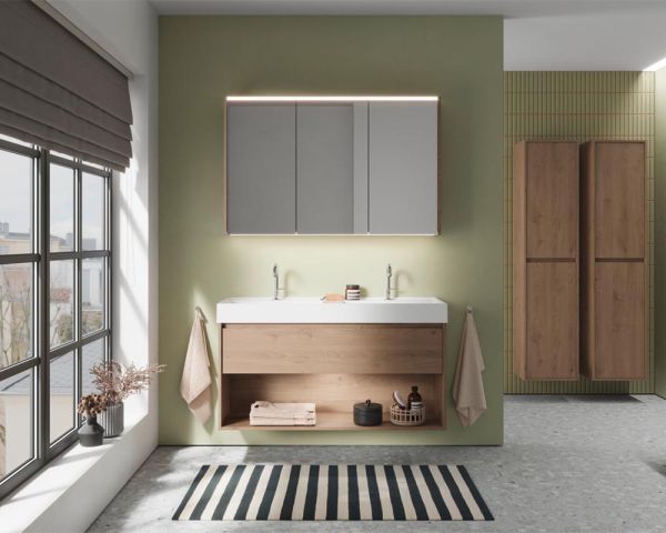 Burgbad Devio Mineralguss-Doppelwaschtisch 120cm mit Unterschrank, 1 Auszug & offenem Fach