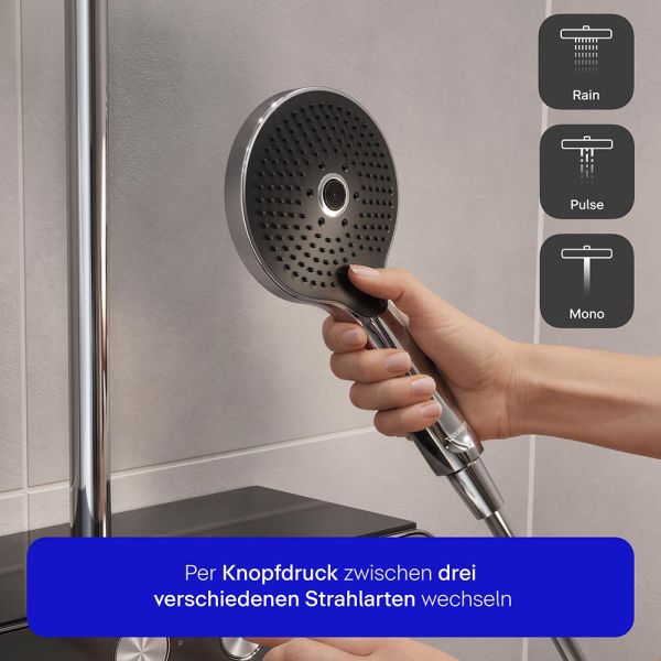 Duravit ShowerSystem Duschsystem mit höhenverstellbarer Regendusche, Thermostat, Ablage, chrom/schw