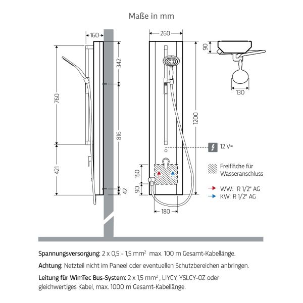 WimTec PROOF P4 HB HyPlus manuelles Duschpaneel 12V Netzbetrieb, edelstahl