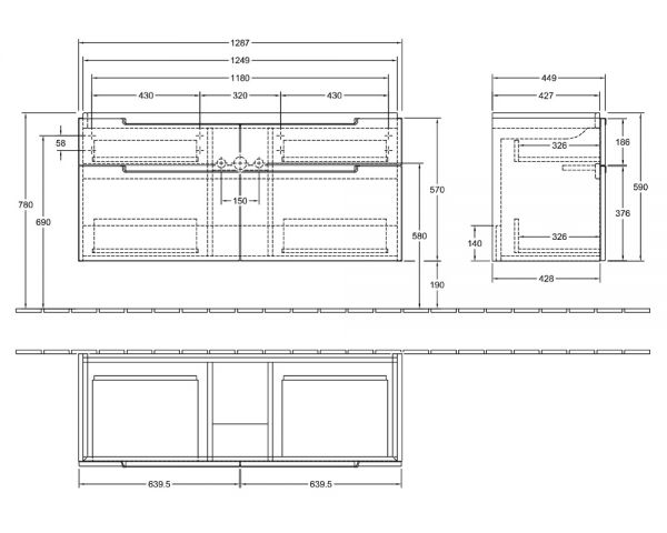 Villeroy&Boch Subway 2.0 Waschtischunterschrank 128,7x59cm, 4 Auszüge für 7176D0/D2
