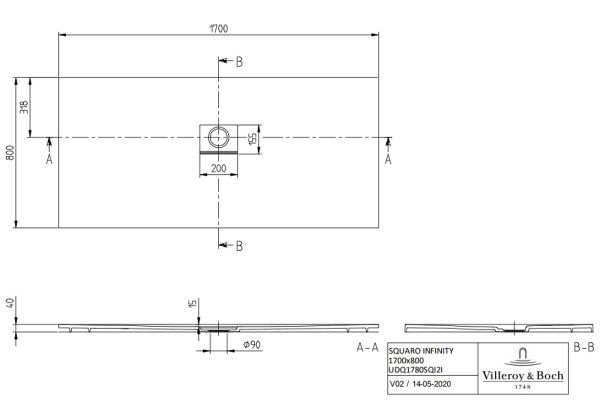 Villeroy&Boch Squaro Infinity Quaryl®-Duschwanne, flächenbündiger Einbau, 170x80cm, techn. Zeichnung