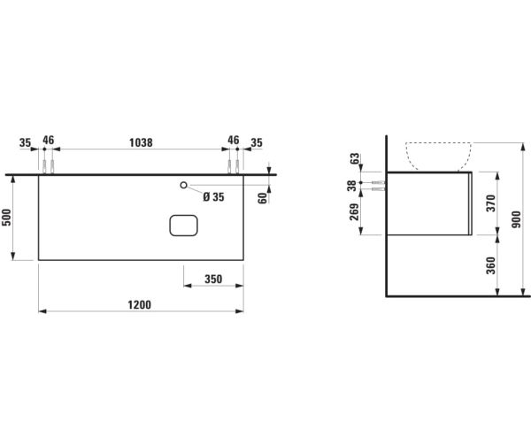 Laufen IL BAGNO ALESSI One Schubladenelement 1200, Hahnloch, Ausschnitt rechts, zu WT H818977/8