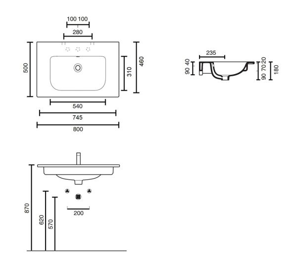 Catalano Sfera Möbelwaschtisch, mit Überlauf, Ablage links u.rechts 80x50cm, weiß CATAglaze+ 80SFN
