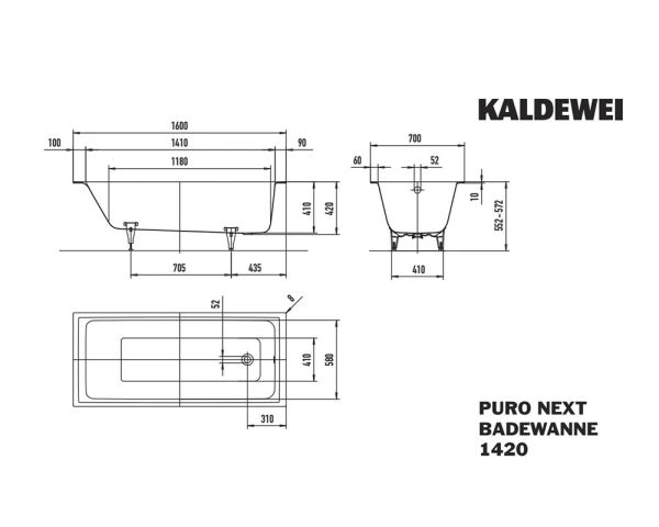 Kaldewei Puro Next Rechteck-Badewanne 160x70cm Mod.1420