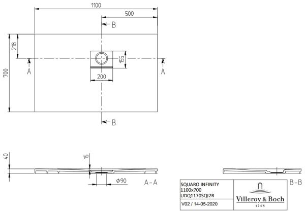Villeroy&Boch Squaro Infinity Quaryl®-Duschwanne, Eckeinbau rechts gegen Wand, 110x70cm, technische Zeichnung