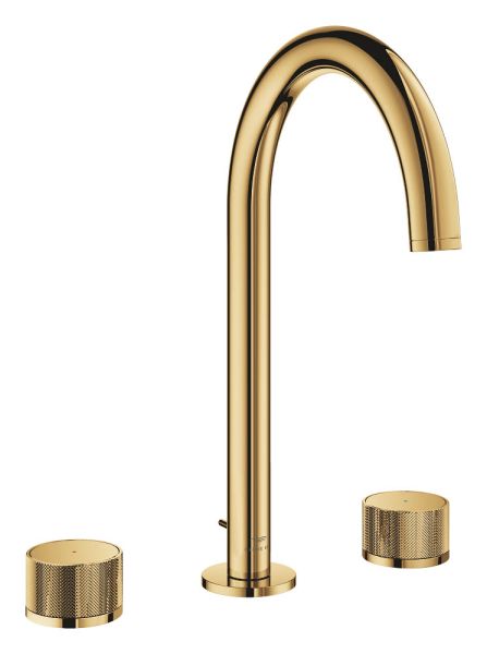 Grohe Atrio 3-Loch-Waschtischarmatur L-Size mit Ablaufgarnitur, Knopfbetätigung, wassersparend, cool sunrise 20595GL0