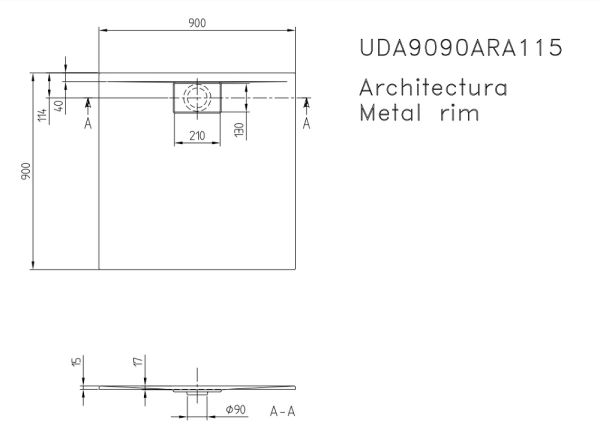 Villeroy&Boch Architectura MetalRim Duschwanne inkl. Antirutsch (Vilbogrip),90x90cm, weiß UDA9090ARA115GV-01