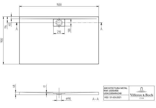 Villeroy&Boch Architectura MetalRim Duschwanne, 150x90cm, weiß technische Zeichnung