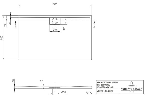 Villeroy&Boch Architectura MetalRim Duschwanne, 150x90cm, weiß technische Zeichnung