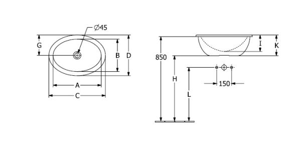 Villeroy&Boch Loop&Friends Einbauwaschbecken oval, 57x41cm, technische Zeichnung 4A620001
