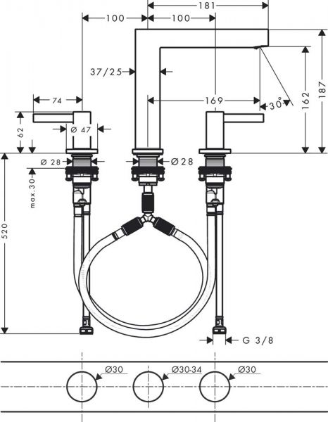 Hansgrohe Finoris 3-Loch Waschtischarmatur 160 mit Push-Open Ablaufgarnitur, mattweiß 76034700