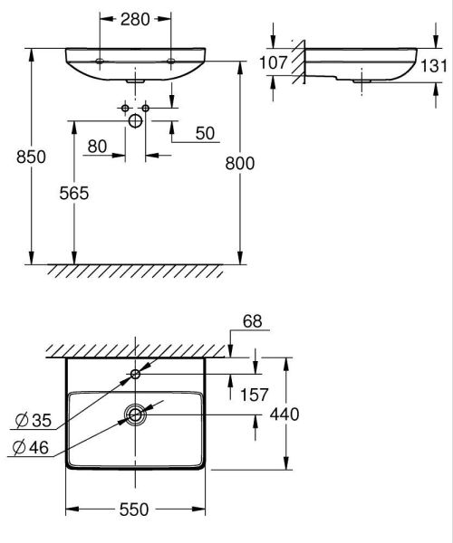 Grohe Euro Keramik Waschtisch 55cm mit Hahnloch, ohne Überlauf, weiß
