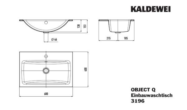 Kaldewei Object Q 3196 Einbauwaschtisch 60x40cm, beidseitig emailliert, weiß mit Überlaufgarnitur