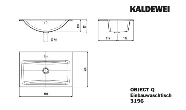 Kaldewei Object Q 3196 Einbauwaschtisch 60x40cm, weiß m. Perl-Effekt, beids. emailliert, m. Überlauf 9117060130001