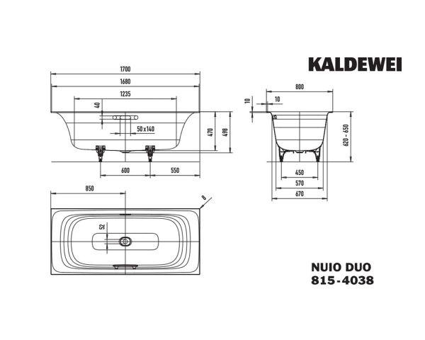 Kaldewei Nuio Duo Rechteck-Badewanne 170x80cm Mod.815-4038
