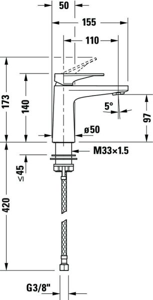 Duravit Tulum Einhebel-Waschtischmischer ohne Zugstangen-Ablaufgarnitur, schwarz, TU1010002046, techn. Zeichnung