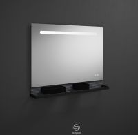 Burgbad Fiumo Leuchtspiegel mit horizontaler LED-Beleuchtung, Wandablage mit Pliséefront in graphit matt, Reling und Boxen in schwarz 