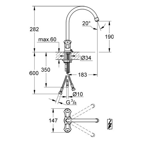 Grohe Costa L Spültisch-Einlochbatterie, Niederdruck für offene Warmwasserbereiter, chrom