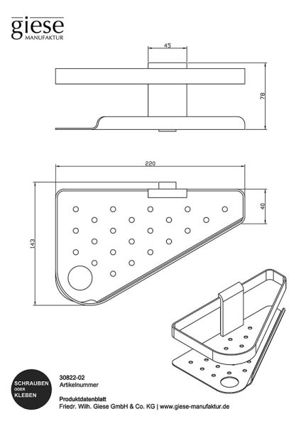 Giese Newport Eckduschkorb mit seitlichem Halter für Rasierer, zum Kleben und Schrauben, chrom