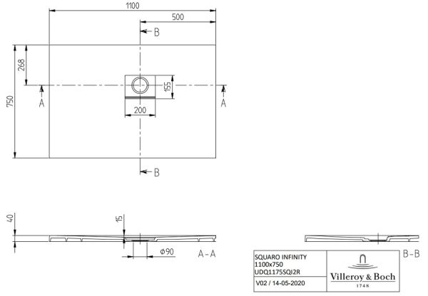 Villeroy&Boch Squaro Infinity Quaryl®-Duschwanne, Eckeinbau links gegen Wand, 110x75cm, technische Zeichnung