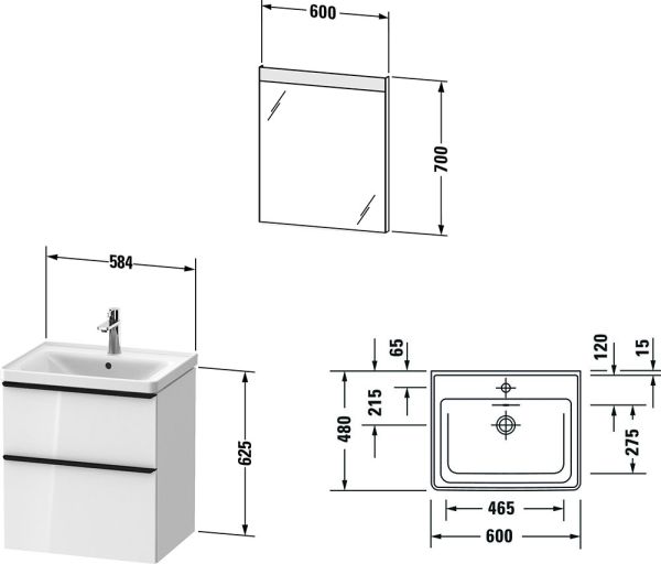 Duravit D-Neo Möbel-Set 60cm mit Waschtisch, Waschtischunterschrank und rechteckigem Spiegel