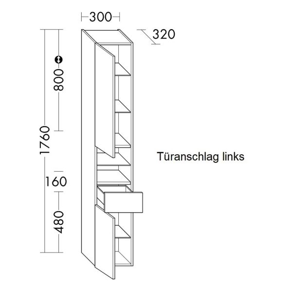 Burgbad Sys30 Hochschrank 30x176cm mit 2 Tip-On Schubladen & 1 Tür , Türanschlag links HS3038L