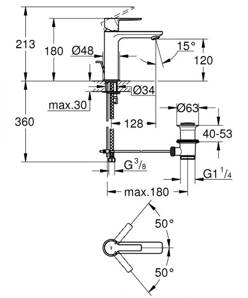 Grohe Lineare Badarmatur S-Size, Zugstangen-Ablaufgarnitur, wassersparend, supersteel