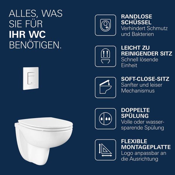 Grohe Solido Compact 5-in1 WC-Set mit Even Drückerplatte, Soft-Close-WC-Sitz, weiß