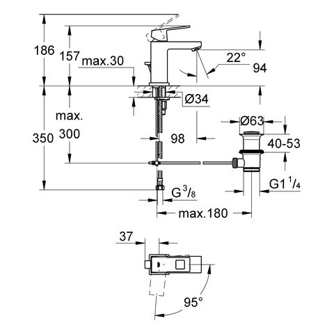 Grohe Eurocube Waschtischbatterie S-Size mit Zugstangen-Ablaufgarnitur, wassersparend, chrom