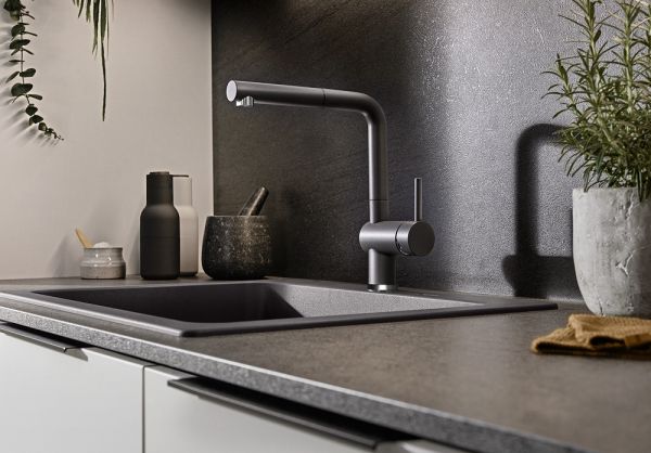 Blanco Subline 500-U Silgranit-Spüle mit Linus-S Küchenarmatur & Abfallsystem, vulkangrau 527353+526958+526203