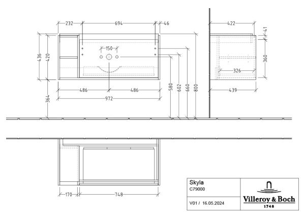 Villeroy&Boch Skyla Waschtischunterschrank C79000 100cm, offenes Fach links