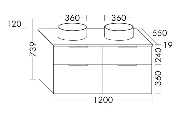 Burgbad Eqio 2 runde Aufsatzwaschtische Ø36cm mit Waschtischunterschrank 120cm, 4 Auszüge