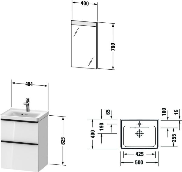 Duravit D-Neo Möbel-Set 50cm mit Handwaschbecken, Waschtischunterschrank und Spiegel