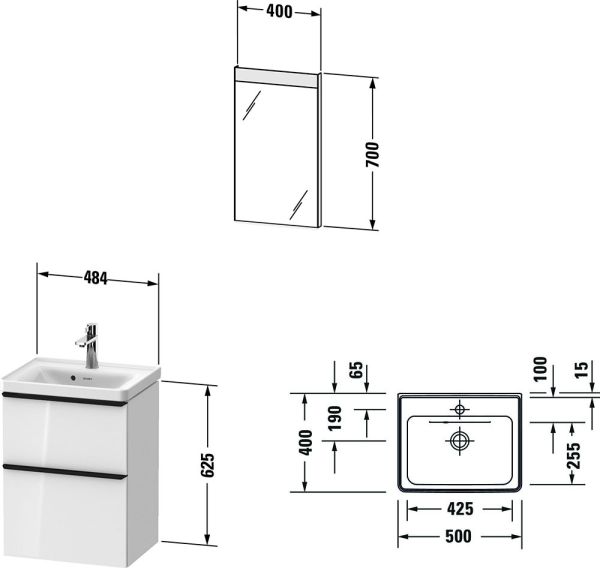 Duravit D-Neo Möbel-Set 50cm mit Handwaschbecken, Waschtischunterschrank und Spiegel