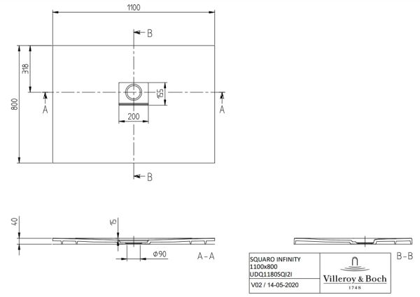 Villeroy&Boch Squaro Infinity Quaryl®-Duschwanne, flächenbündiger Einbau, 110x80cm, technische Zeichnung