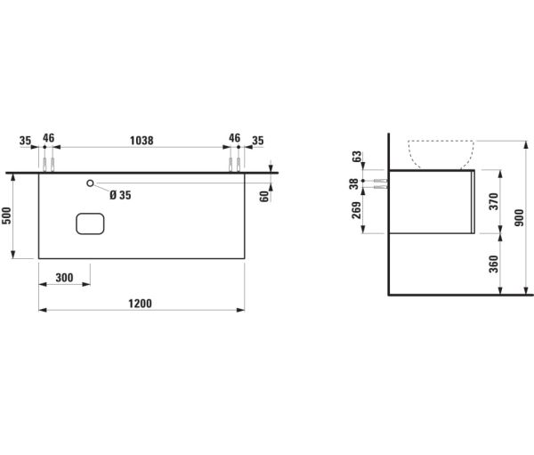 Laufen IL BAGNO ALESSI One Schubladenelement 1200, Hahnloch, Ausschnitt links, zu WT H818975/6