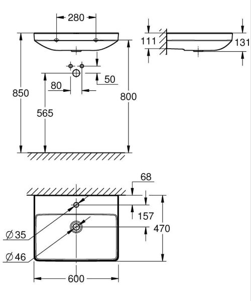 Grohe Euro Keramik Waschtisch 60cm, Hahnloch, ohne Überlauf, weiß
