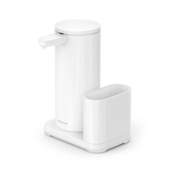 simplehuman berührungsloser Spülmittelspender mit Schwammaufbewahrung, 414ml, wiederaufladbar, weiß