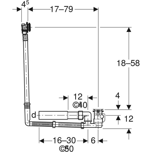 Geberit Badewannenablauf mit Drehbetätigung und Zulauf, d52, Länge 79 cm, mit Gegenstromprinzip