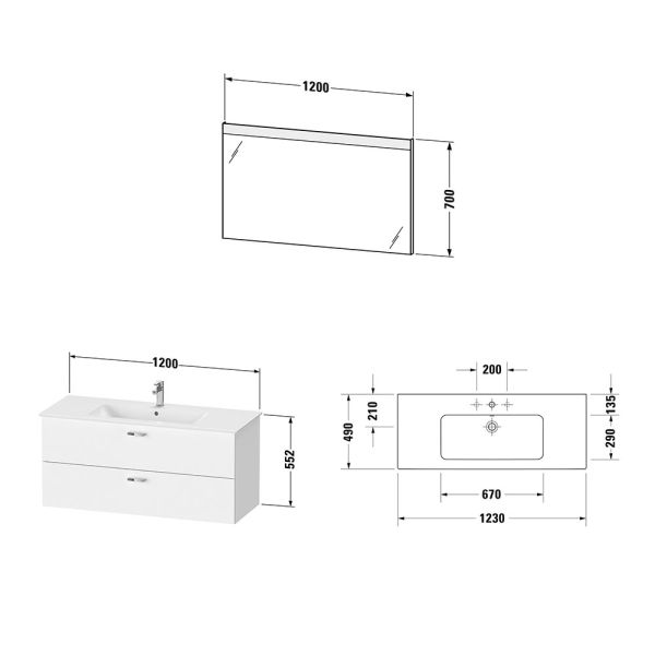 Duravit XBase Badmöbel-Set 123cm mit ME by Starck Waschtisch und Spiegel