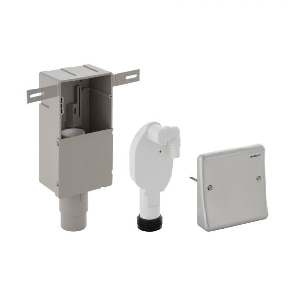 Geberit UP-Siphon für Geräte, mit einem Anschluss, Wandeinbaukasten und Abdeckplatte