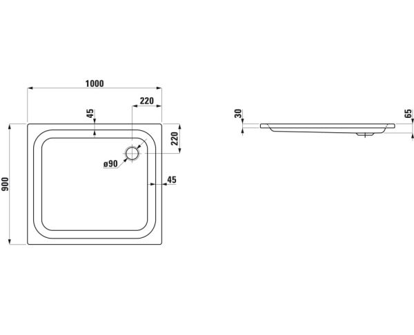 Laufen Platina Duschwanne 100x90cm flach, Einbauhöhe 6,5cm