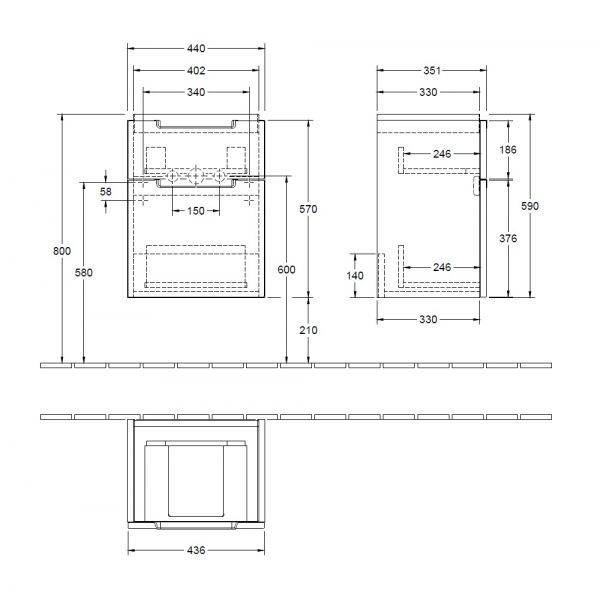 Villeroy&Boch Subway 2.0 Waschtischunterschrank 44x59cm, 2 Auszüge