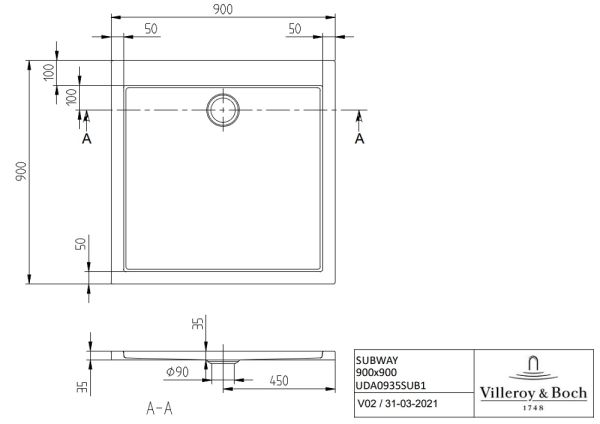 Villeroy&Boch Subway quadratische Duschwanne für Eckmontage, 90x90cm, weiß UDA0935SUB1V-01