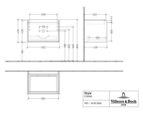 Villeroy&Boch Skyla Waschtischunterschrank 62cm, 1 Auszug C78500 