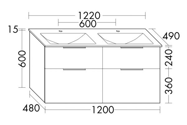 Burgbad Eqio Glas-Doppelwaschtisch 122cm mit Waschtischunterschrank, 4 Auszüge